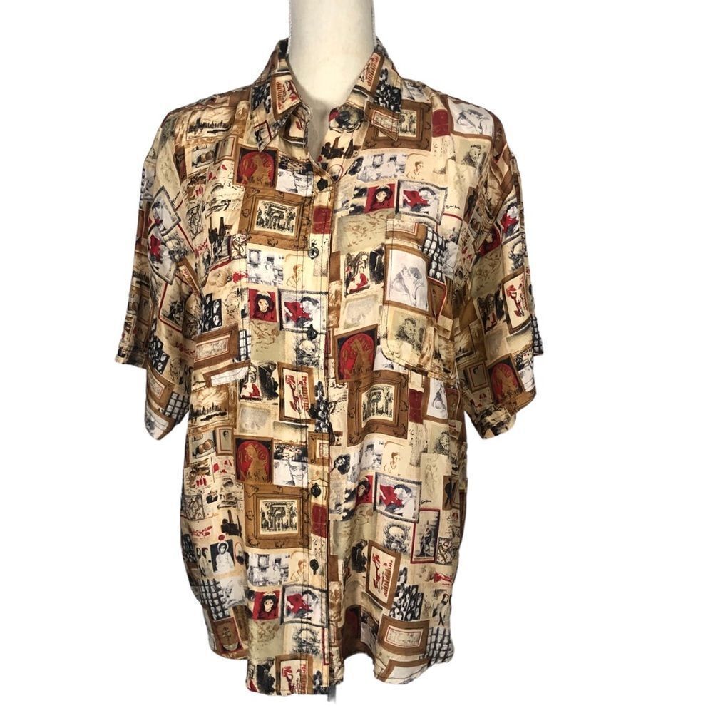 Whistles Silk Button Down Short Sleeve Shirt Antique Portraits Print Size Medium